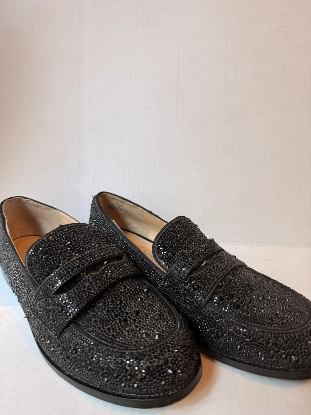 Betsey Johnson Black Crystal-Studded womens Slip-On Loafers